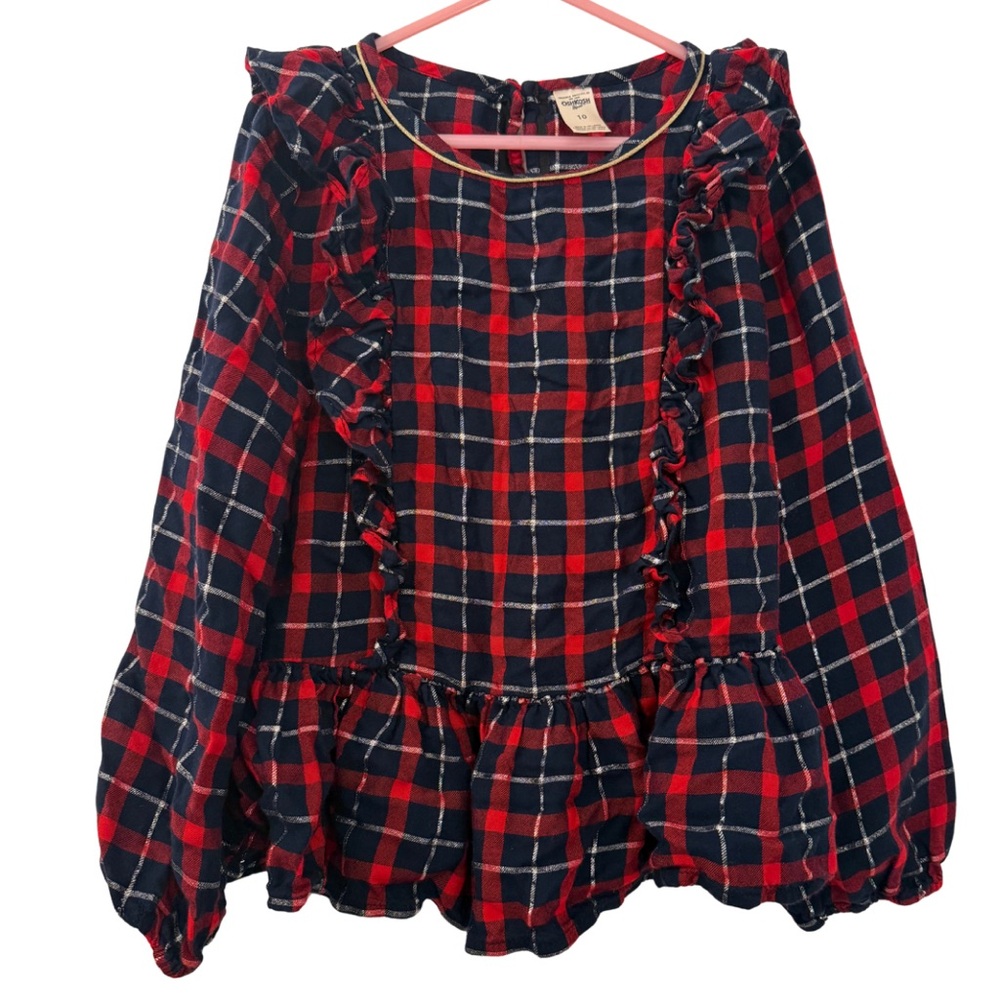 OshKosh Girls Plaid Ruffle Peplum Top, Size 10, Red Navy Long Sleeve Holiday